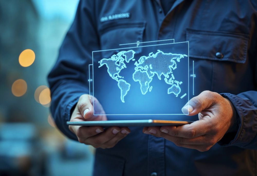 Profissional segurando um tablet com holograma de mapa-múndi, simbolizando monitoramento global, tecnologia avançada e segurança da informação na Alterdata.